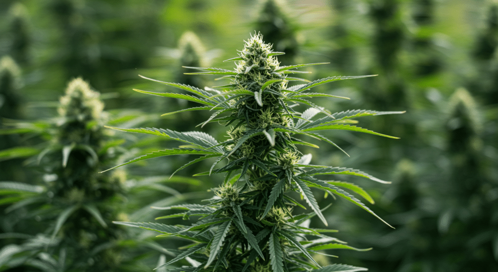 Cannabis plant flowering top cola with stacked buds, white pistils, and visible trichomes