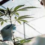 Scientist holding a young cannabis plant under sunlight inside a greenhouse.