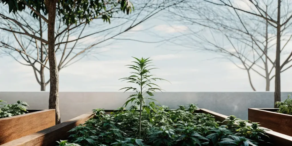 Cannabis plant growing in a raised wooden garden bed under clear sky.