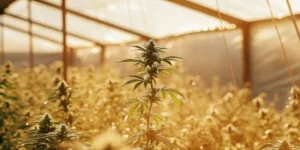 Cannabis plant growing in a sunlit greenhouse with golden light.