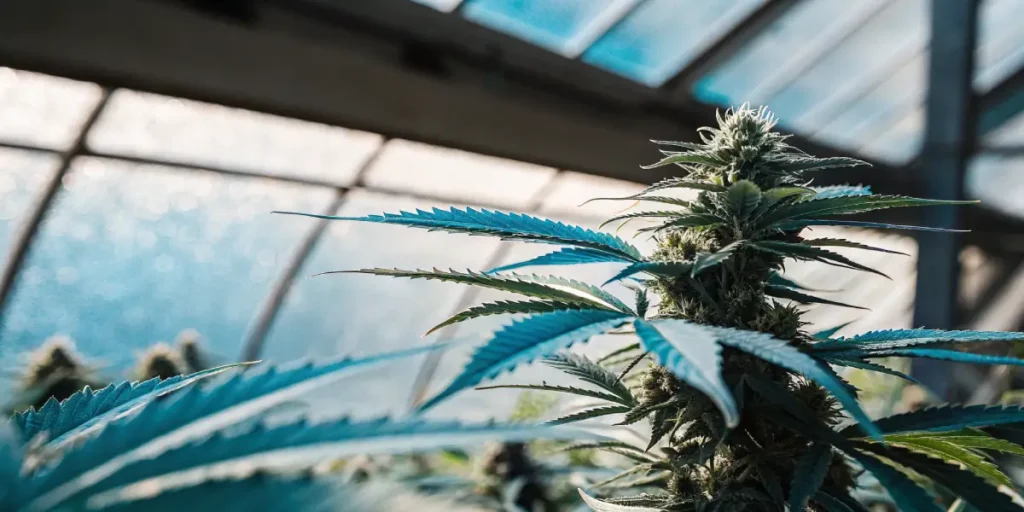 cannabis plant in greenhouse with blue light reflection on leaves