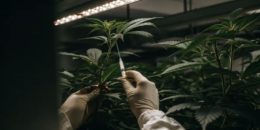 hands injecting cannabis plant for laboratory research under LED lighting