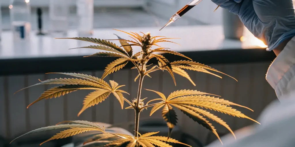 scientist injecting cannabis plant with solution in laboratory