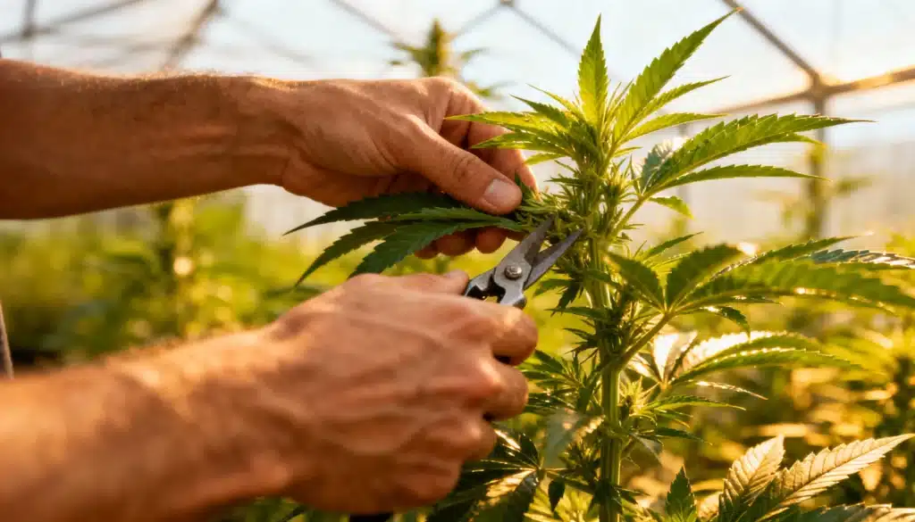 Cannabis-plant-pruning-greenhouse-organic-grow as hands trim leaves in natural light.