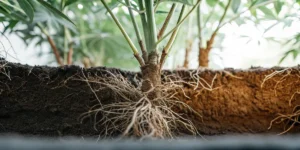 Cannabis plant roots exposed in a detailed soil cross-section.
