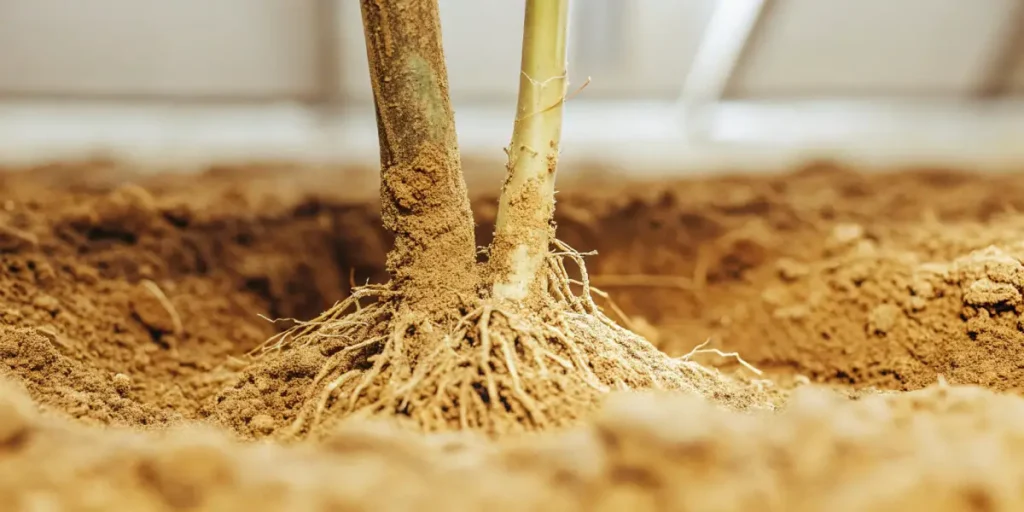 Cannabis plant roots growing deep into nutrient-rich natural soil inside a greenhouse.