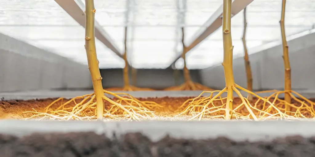 Cannabis plant roots intertwined within rich soil layers.