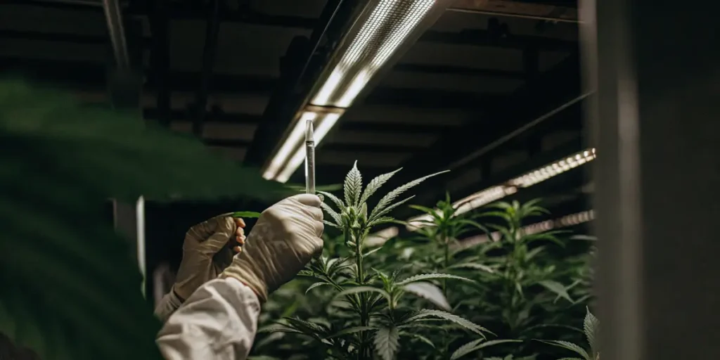 researcher using test tube to collect sample from cannabis plant under LED lights
