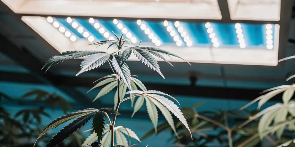 Cannabis plant growing under LED grow lights indoors.