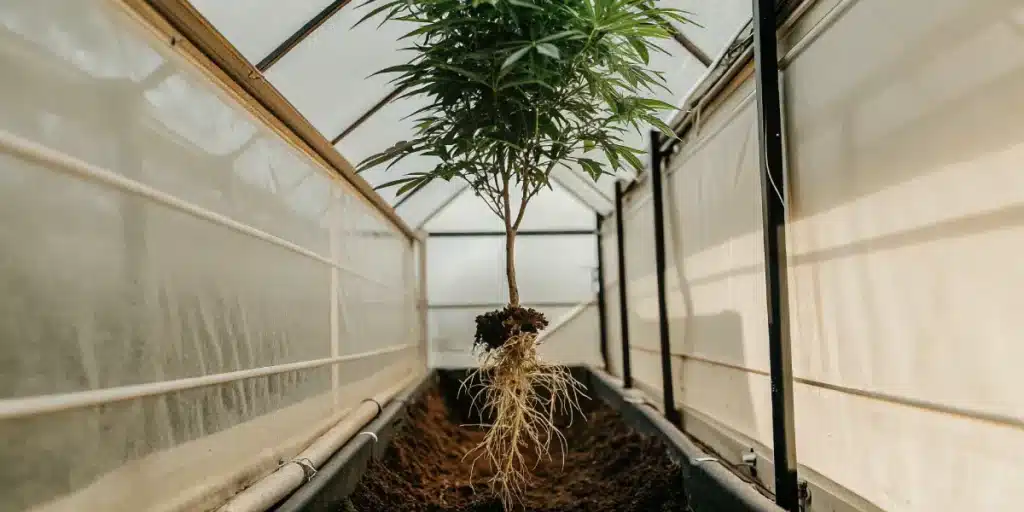Cannabis plant with exposed roots inside a greenhouse.