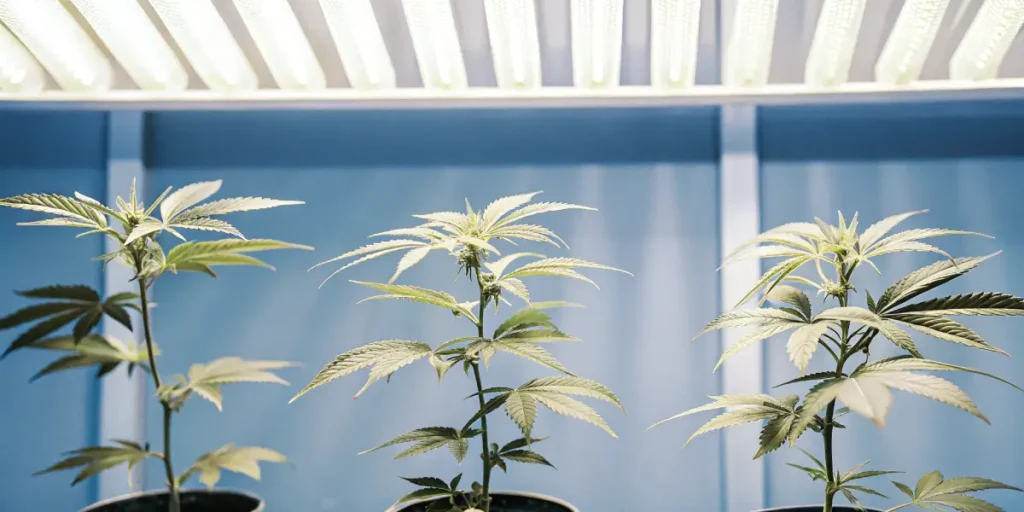 Cannabis plants growing in pots under fluorescent white grow lights.