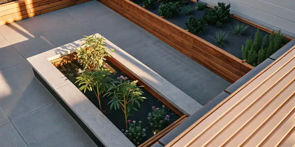 Cannabis plants and herbs growing together in wooden raised beds at home.