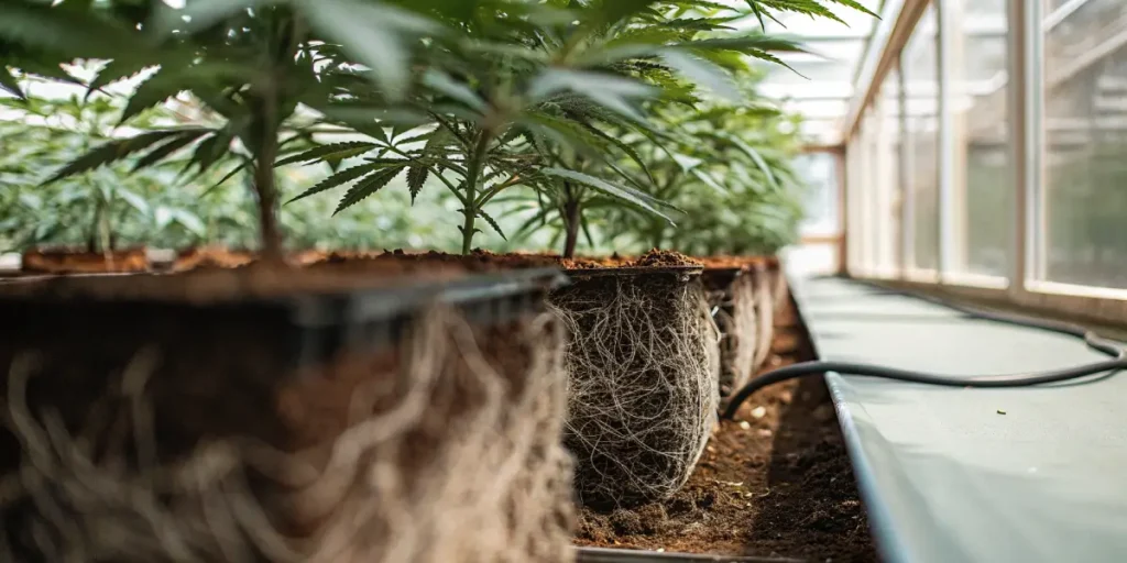 Cannabis plants in pots showing developed root systems in a greenhouse environment.