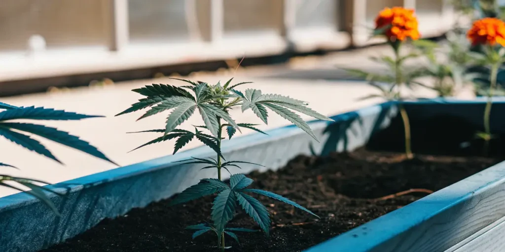 Cannabis plant growing beside marigold flowers in an outdoor planter box.