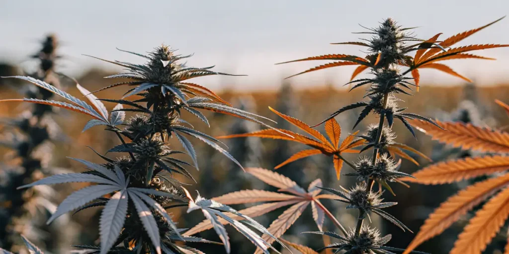 Close-up of outdoor cannabis plants with orange-tinted leaves and frosty buds under natural sunlight.