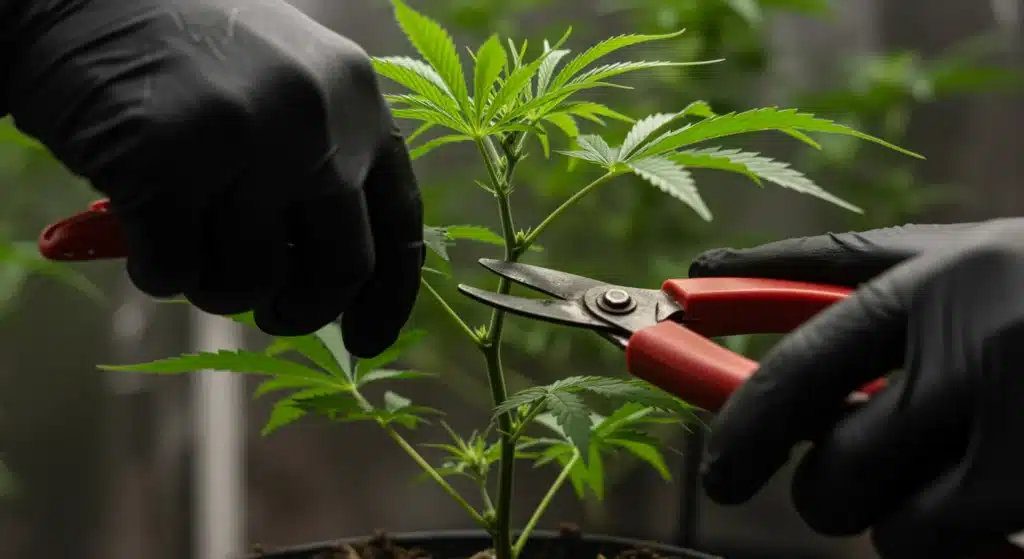 Cannabis-pruning-topping-technique-indoor-cultivation with gloved hands cutting the main stem.