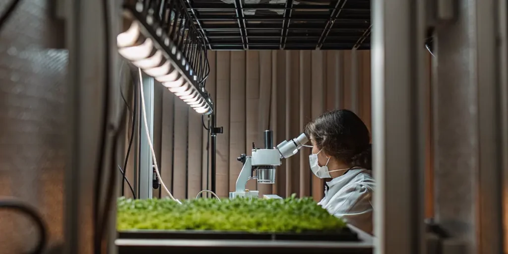 scientist examining cannabis samples under microscope in research lab