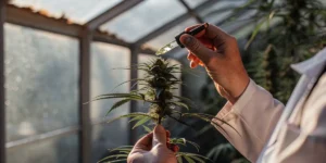 scientist examining cannabis flower trichomes with a magnifying tool in greenhouse