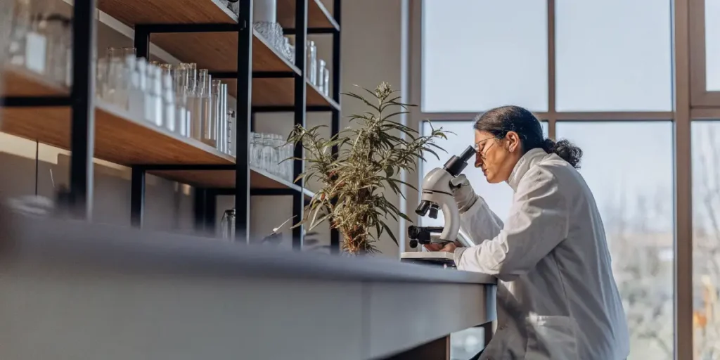 cannabis researcher analyzing plant sample under microscope in lab