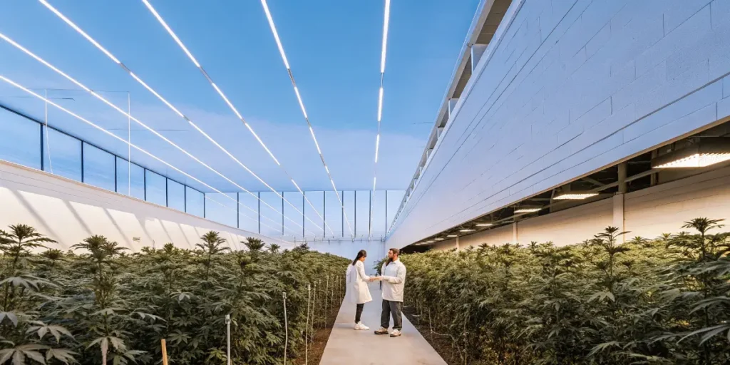 researchers inspecting cannabis plants in a modern indoor grow facility