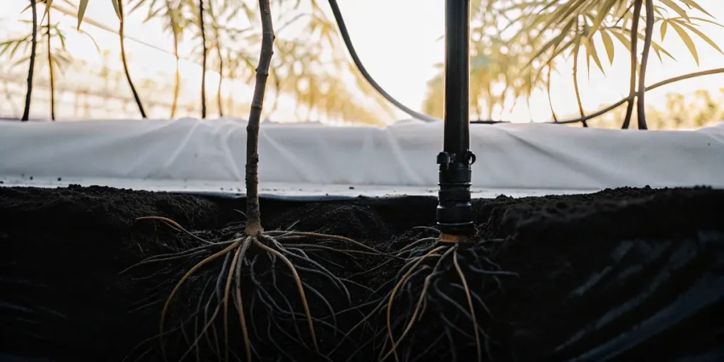 Cannabis root system exposed in soil with irrigation pipe under sunlight.