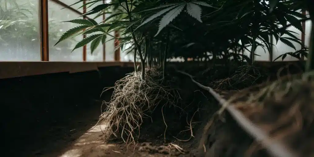 Cannabis roots exposed beneath plants with irrigation lines in a greenhouse.