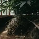 Cannabis roots exposed beneath plants with irrigation lines in a greenhouse.