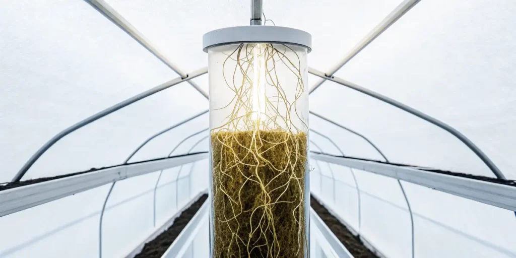 detailed view of cannabis roots in hydroponic laboratory tube