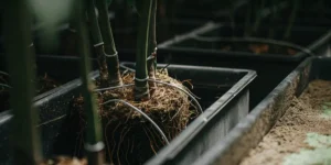 Close-up of cannabis roots connected to a hydroponic irrigation system inside black growing containers.