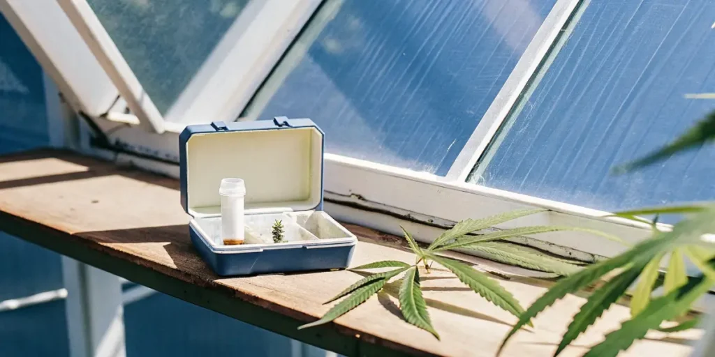 cannabis sample kit with vial and leaf under greenhouse sunlight