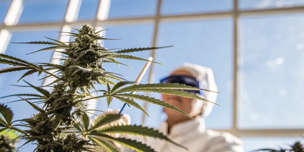 scientist examining cannabis plant in bright greenhouse laboratory