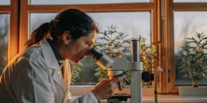 scientist examining cannabis sample under microscope near greenhouse window