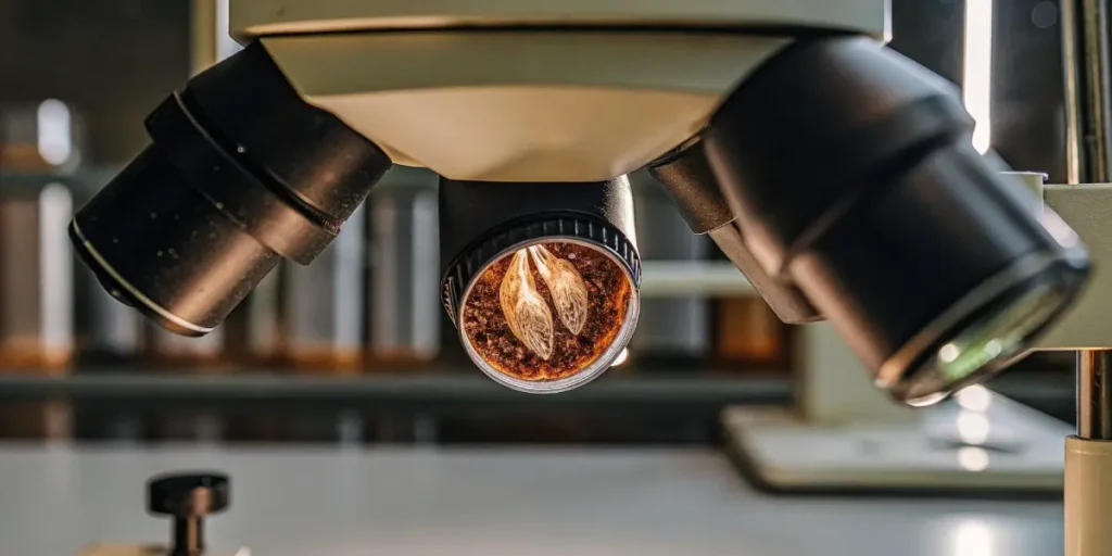Cannabis seed cross-section under a laboratory microscope.