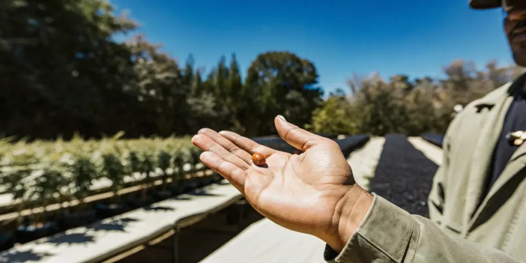 Person holding a cannabis seed in an outdoor cultivation field under bright sunlight.