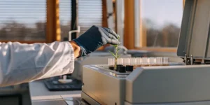 scientist placing cannabis seedling into laboratory testing equipment