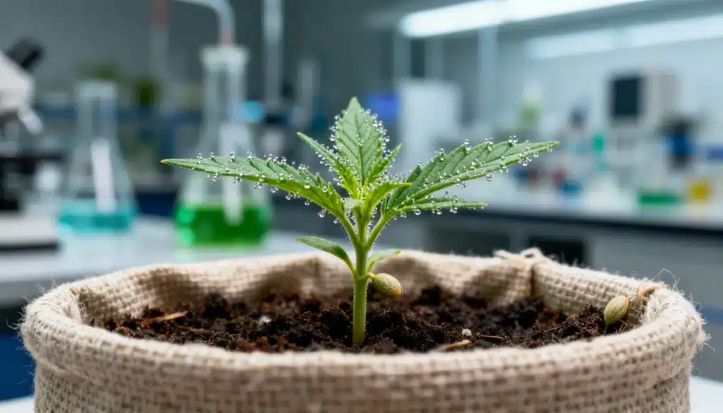 Cannabis-seedling-lab-environment-beginners-growing with dewdrops on young leaves in a fabric pot inside a scientific lab.