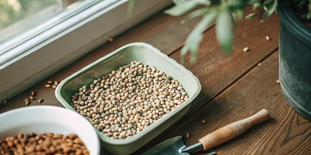 Close-up of cannabis seeds in trays on a wooden table near a window.