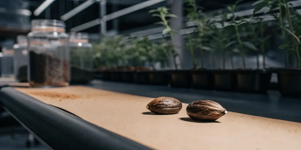 Cannabis seeds resting on a work surface inside an indoor propagation facility with rows of young cannabis plants behind them.