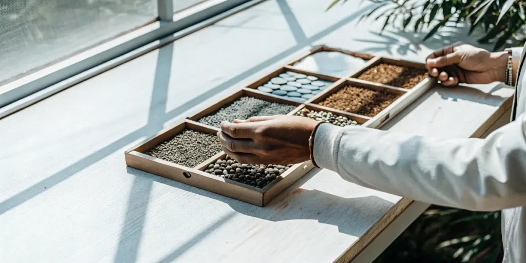 researcher analyzing cannabis seeds and soil samples in laboratory light