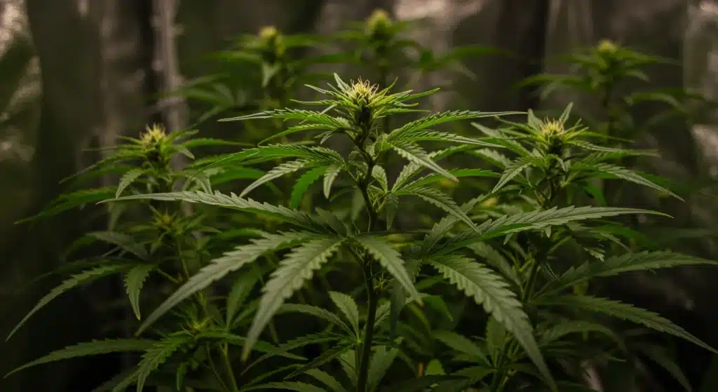 Cannabis-vegetative-stage-indoor-tent-growth with dense green foliage.