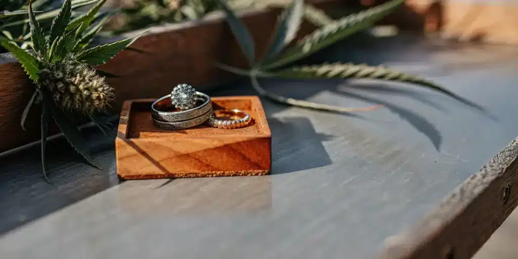Wedding rings on a wooden box with cannabis buds and leaves in sunlight.