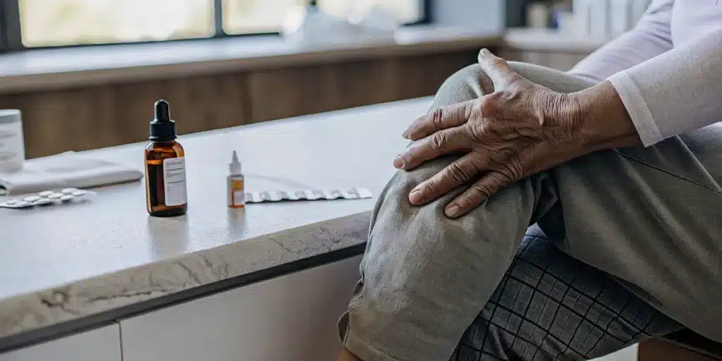 Close-up of an elderly person touching their aching knee with CBD drops and medication placed on a counter.