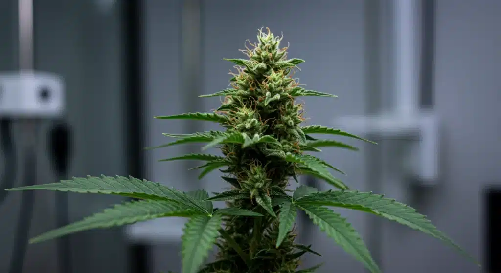 Closeup-cannabis-cola-indoor-mature-trichomes with visible pistils and frosty resin.