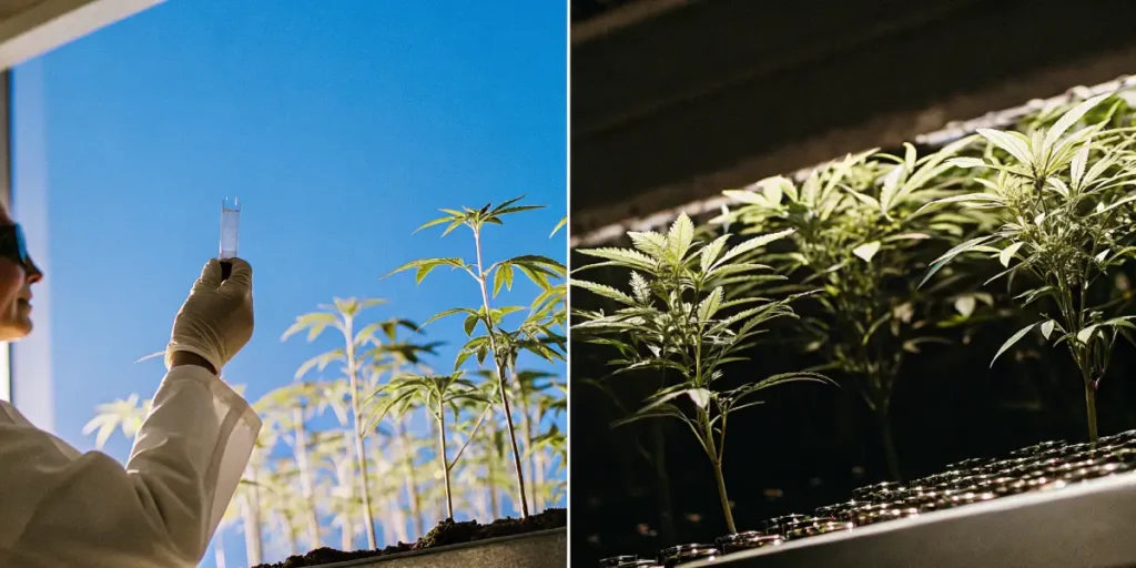 Scientifique examinant un échantillon devant de jeunes plants de cannabis sous ciel bleu.