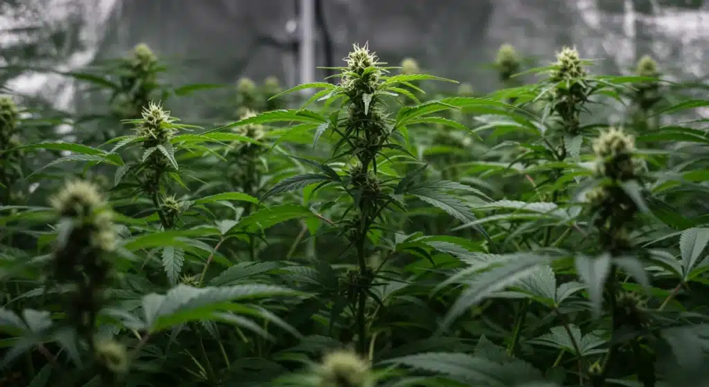 Dense-indoor-cannabis-flowering-crop with tall resinous buds in controlled environment.