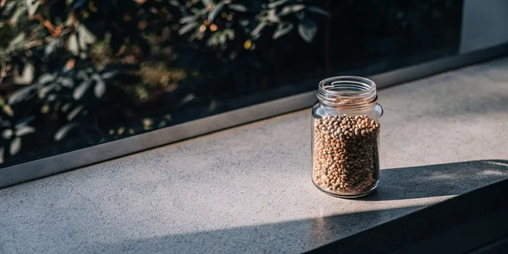Feminized cannabis seeds stored in a transparent glass jar under natural light.