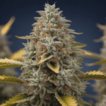 Frosty cannabis bud close-up with dense trichomes and orange pistils during late flowering