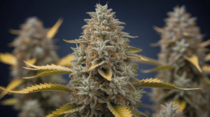 Frosty cannabis bud close-up with dense trichomes and orange pistils during late flowering
