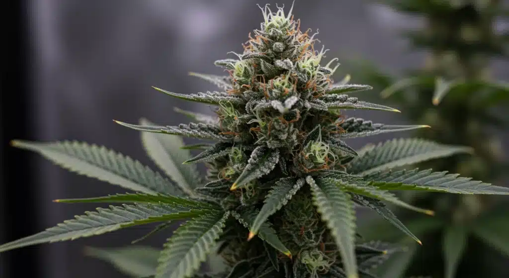 Frosty-cannabis-bud-macro-indoor-cultivation showing dense trichomes and orange pistils.
