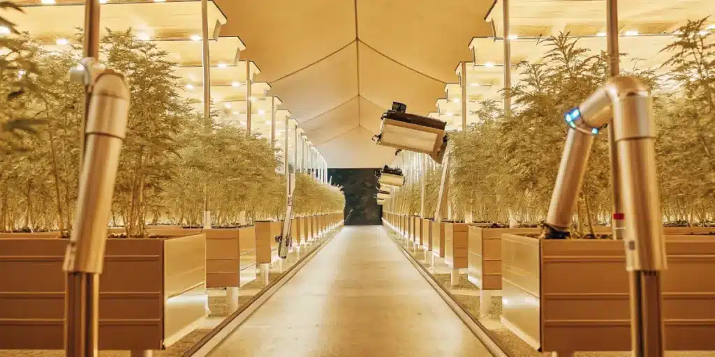 futuristic cannabis lab with robotic systems and LED lighting
